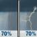Saturday: Rain showers likely before 2pm, then showers and thunderstorms likely. Mostly cloudy, with a high near 73. Chance of precipitation is 70%. Saturday: Rain Showers Likely